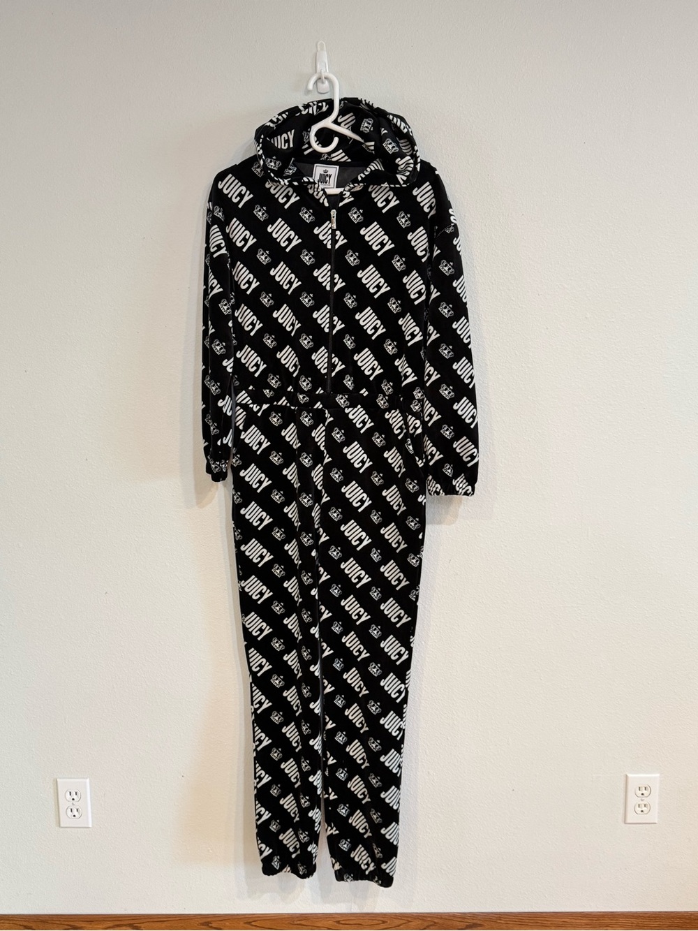 Juicy Couture Black White Logo Print Velour Jumpsuit Hooded Tracksuit Size M